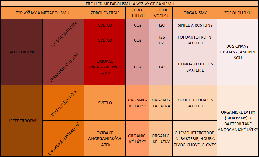 přehled metabolismus a výživy organismů